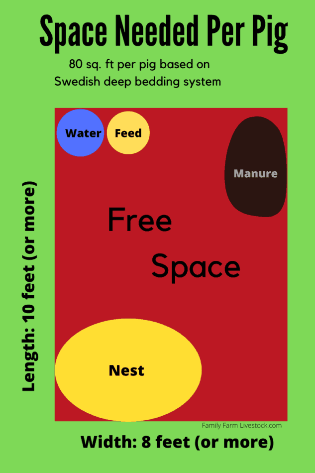 graphic showing an example pen arrangement for raising a few pigs yourself notice the nest area where they sleep and the free space in the middle