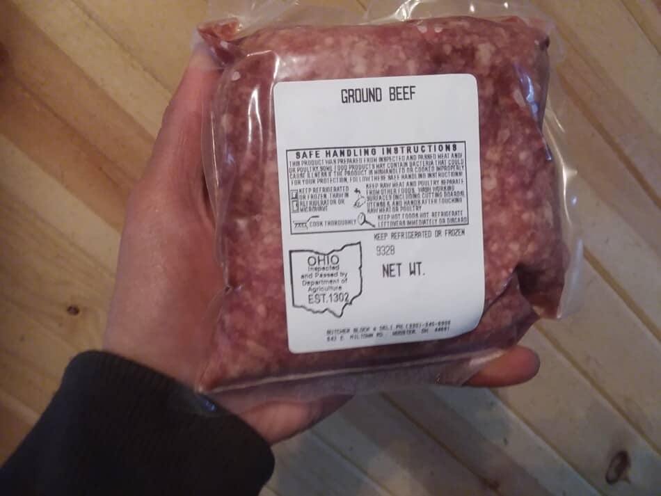 one pound package of ground beef, vacuum sealed