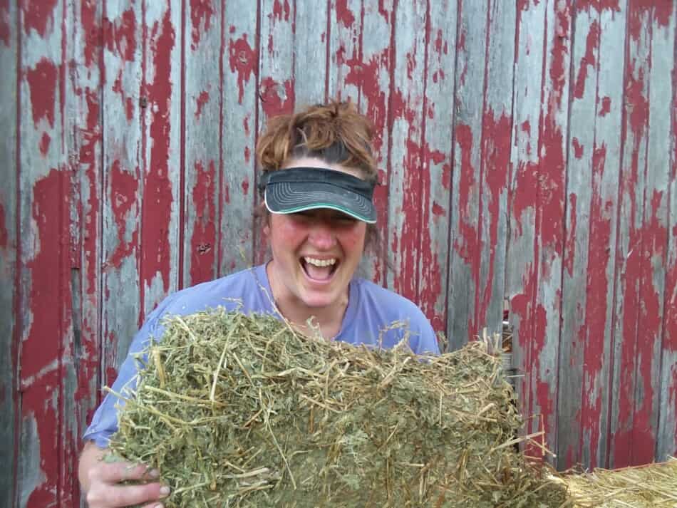 author, kathy mccune, laughing while holding a flake of 100% western alfalfa