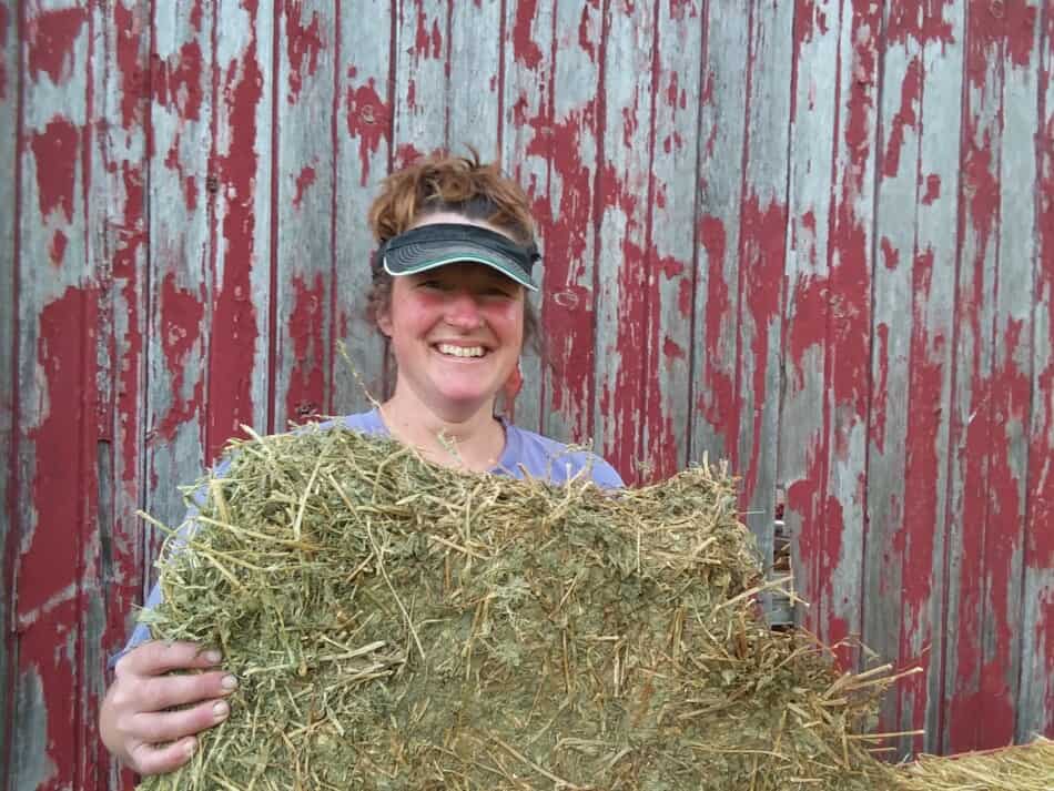 author, kathy mccune, holding a partial flake of western alfalfa hay