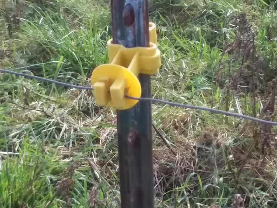 electrified metal wire on T post with yellow insulator 